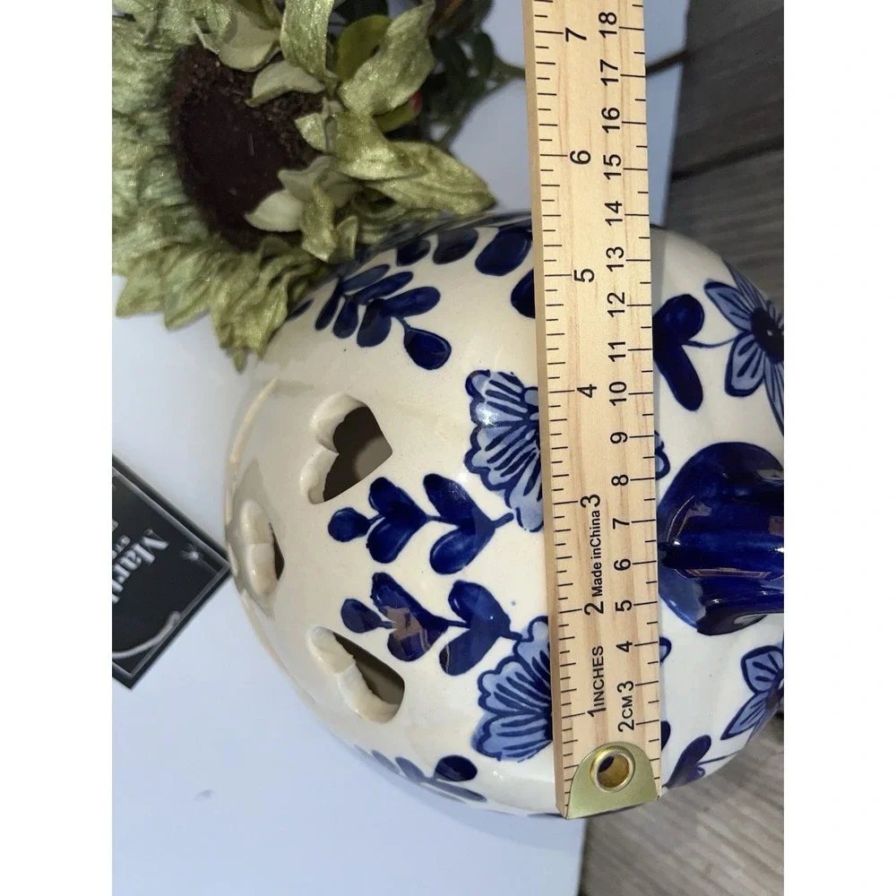 Martha Stewart Fall Halloween Ceramic Pumpkin Jack O Lantern Blue White Candle